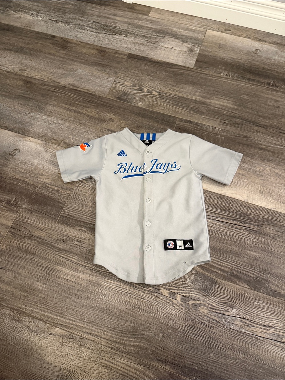 adidas Kids Blue Jays Light Gray Button-Front Jersey with Blue Script
